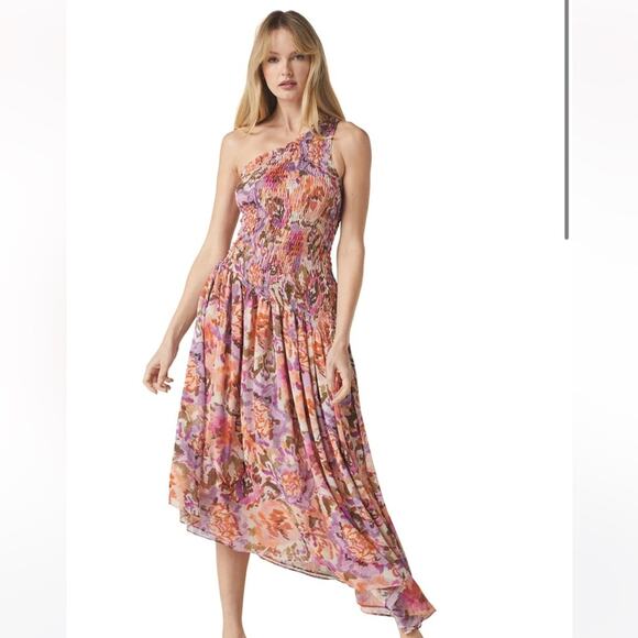 misa los angeles lydia one shoulder floral print smoked bodice asymmetric dress - Picture 1 of 11